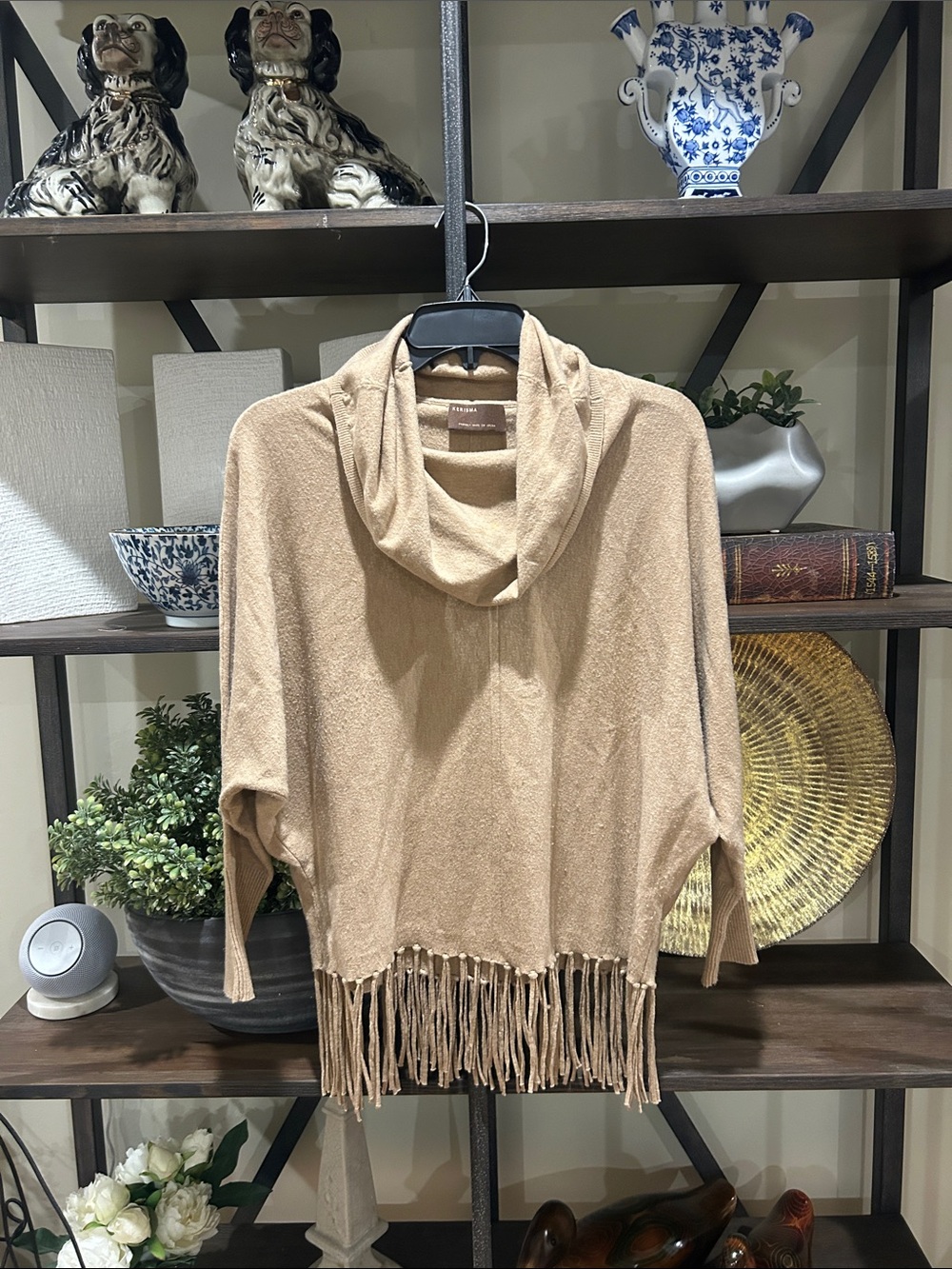 Fringe Hem Cowl Neck Sweater - Camel